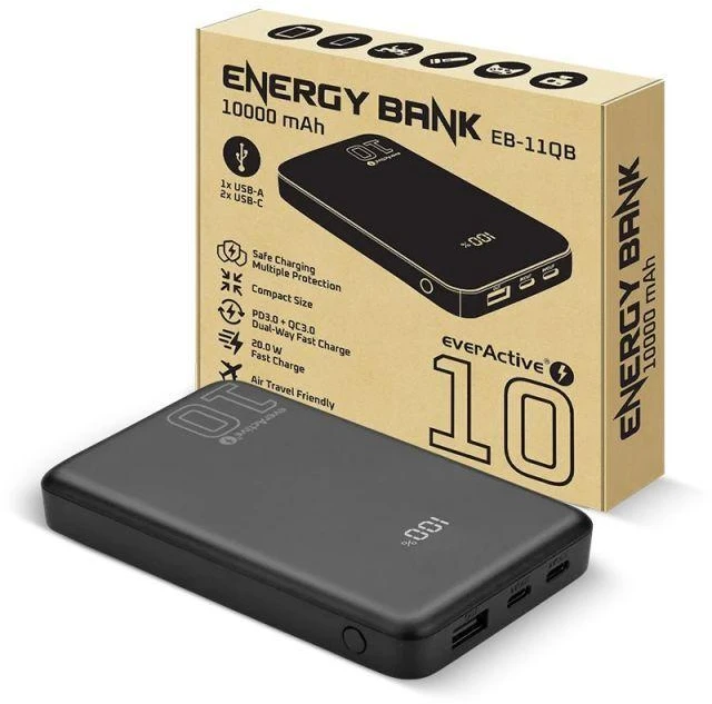 „everactive“ nešiojama įkroviklis 10 000 mAh, 1x USB, 2x USB-C, 20 W, QC4+, LCD ekranas, juodas
