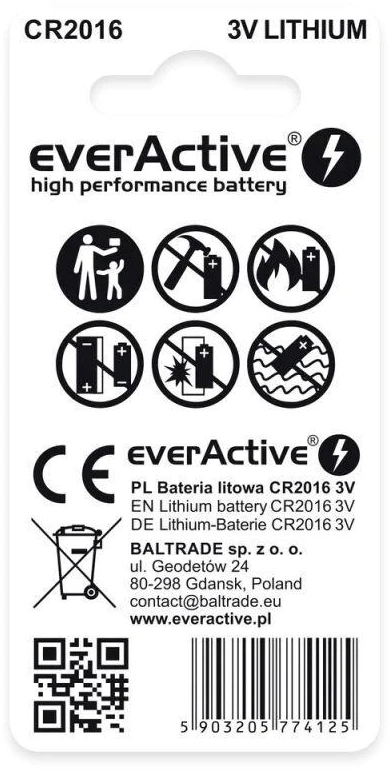 Ausinės Ličio baterijos mini „everActive CR2016“ lizdinėje pakuotėje, 2 vnt.