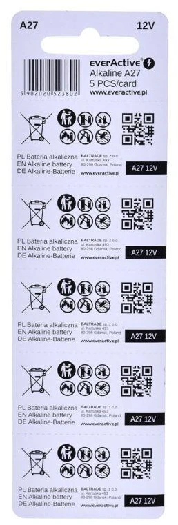 EVERACTIVE ŠARMINĖS BATERIJOS 27A 12V, LIZDINĖ PAKUOTĖ 5 VNT. 27A5BL