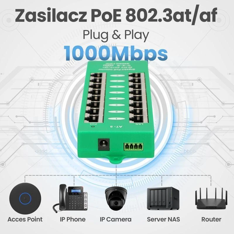 EXTRALINK aktyvus PoE purkštukas 8 prievadų gigabit 802.3af/at režimu A
