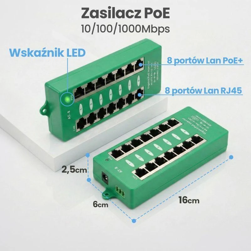 EXTRALINK aktyvus PoE purkštukas 8 prievadų gigabit 802.3af/at režimu A
