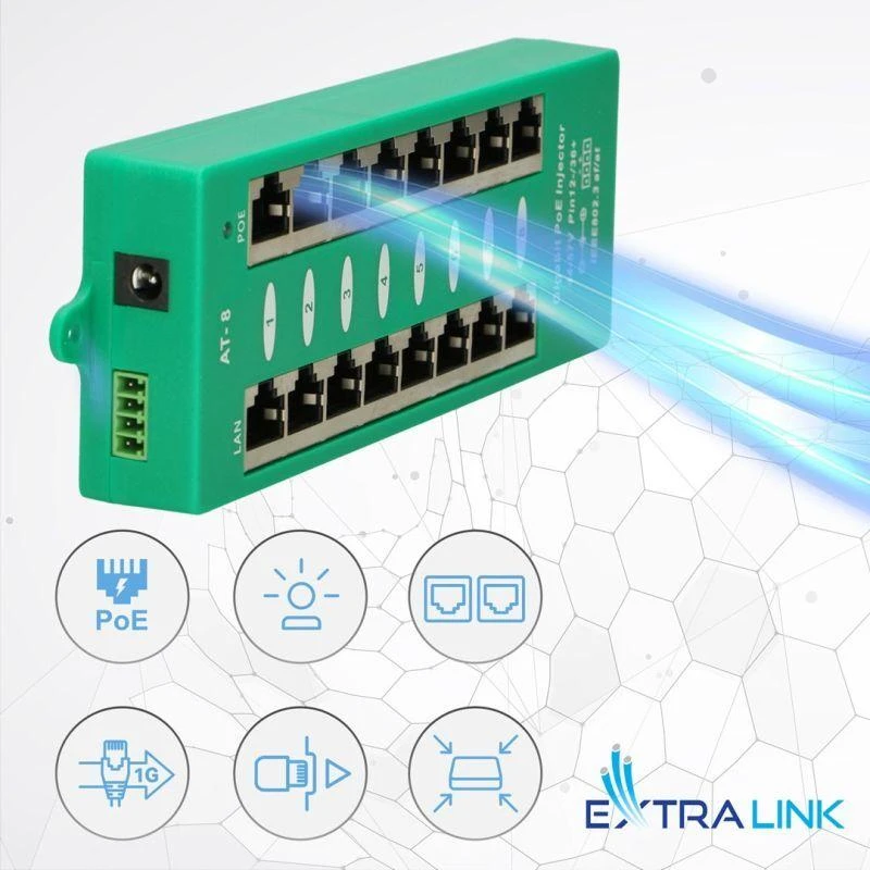 EXTRALINK aktyvus PoE purkštukas 8 prievadų gigabit 802.3af/at režimu A