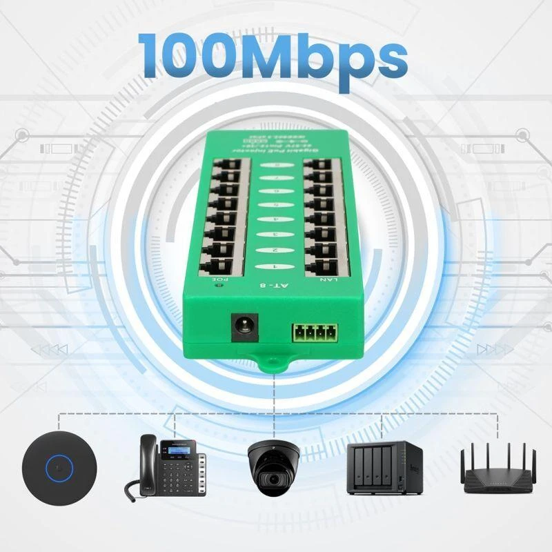 EXTRALINK aktyvus PoE purkštukas 8 prievadų gigabit 802.3af/at režimu A