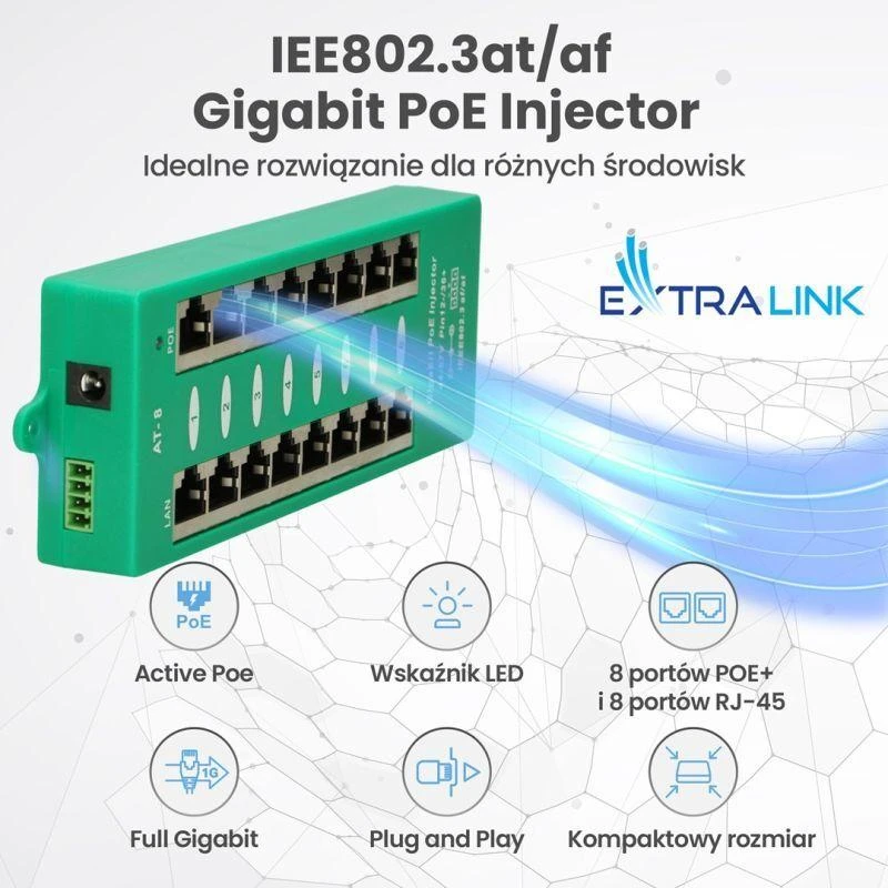 EXTRALINK aktyvus PoE purkštukas 8 prievadų gigabit 802.3af/at režimu A