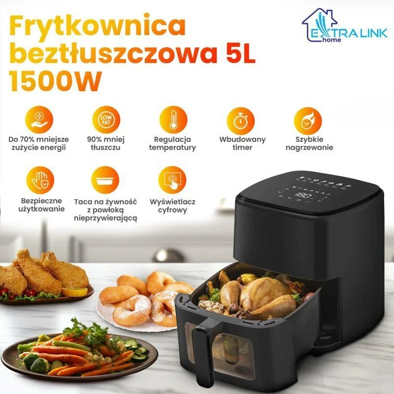 Extralink Home SJ-500 5L Vienas 1500 W Karšto oro gruzdintuvė Juoda