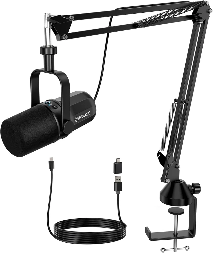 FDUCE dinaminis podcastų mikrofonas su USB ir XLR jungtimis, statyvu ir valdikliais SL40 Plus