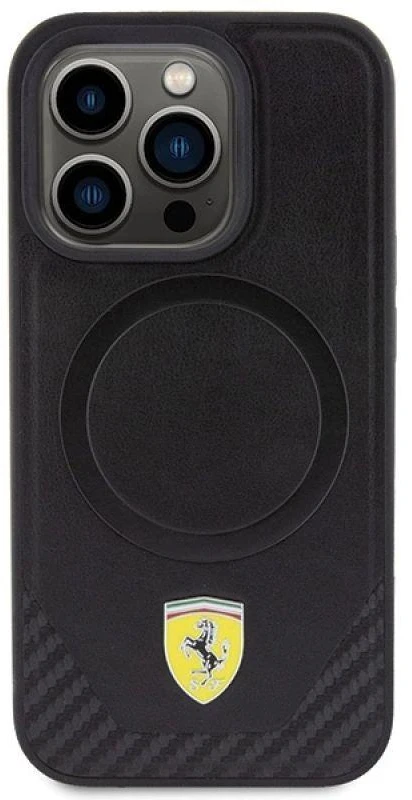 Ferrari FEHMP15LPTEK Apple iPhone 15 Pro 6.1″ juodos spalvos kietas dėklas Carbon Metal Logo MagSafe
