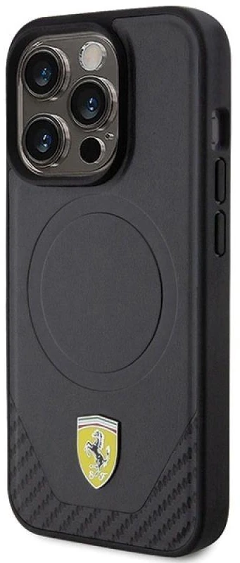 Ferrari FEHMP15LPTEK Apple iPhone 15 Pro 6.1″ juodos spalvos kietas dėklas Carbon Metal Logo MagSafe