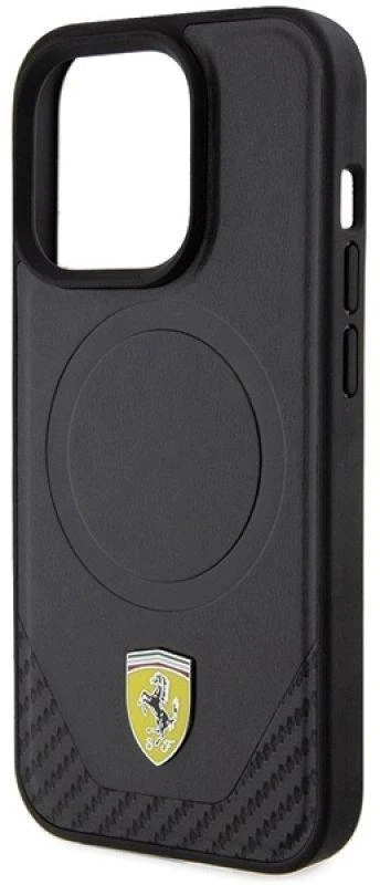 Ferrari FEHMP15LPTEK Apple iPhone 15 Pro 6.1″ juodos spalvos kietas dėklas Carbon Metal Logo MagSafe