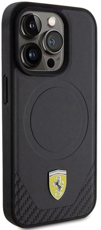 Ferrari FEHMP15LPTEK Apple iPhone 15 Pro 6.1″ juodos spalvos kietas dėklas Carbon Metal Logo MagSafe