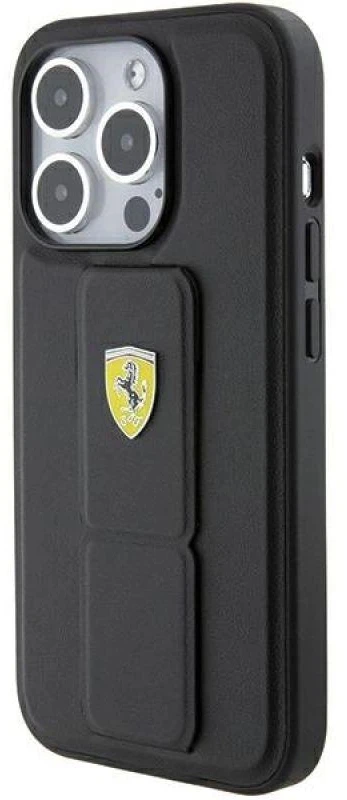 Ferrari FEHCP15LGSPSIK Apple iPhone 15 Pro6.1″ juodos spalvos kietas dėklas Grip Stand Metal Logo