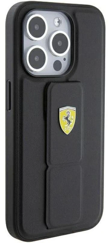 Ferrari FEHCP15LGSPSIK Apple iPhone 15 Pro6.1″ juodos spalvos kietas dėklas Grip Stand Metal Logo
