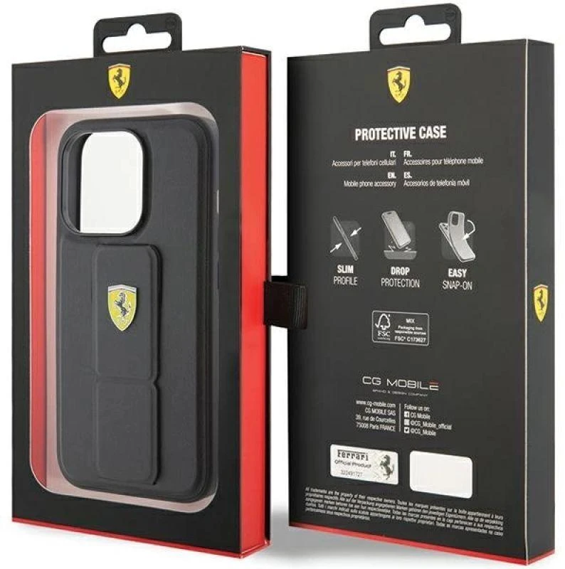 Ferrari FEHCP15LGSPSIK Apple iPhone 15 Pro6.1″ juodos spalvos kietas dėklas Grip Stand Metal Logo