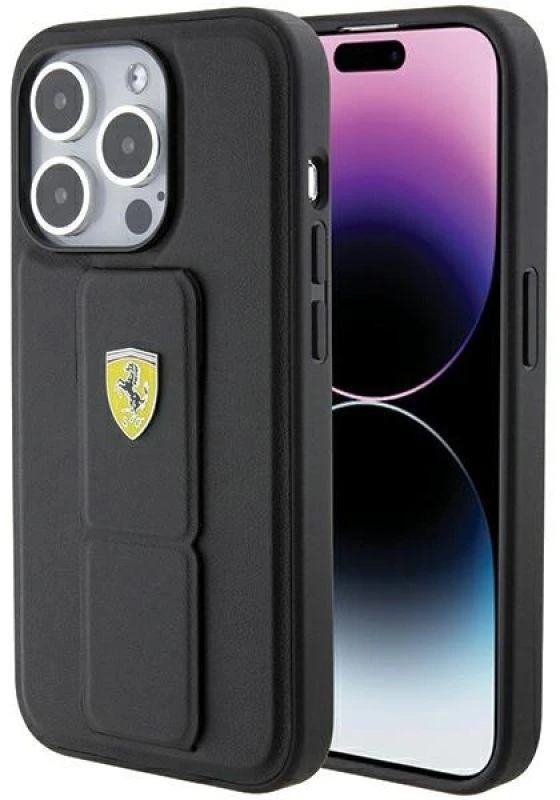 Ferrari FEHCP15LGSPSIK Apple iPhone 15 Pro6.1″ juodos spalvos kietas dėklas Grip Stand Metal Logo