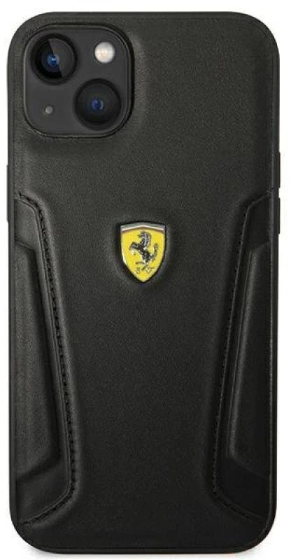 Ferrari FEHCP14MRBUK Apple iPhone 14 Plus / 15 Plus 6.7″ juodos spalvos kietas dėklas Leather Stamp Sides