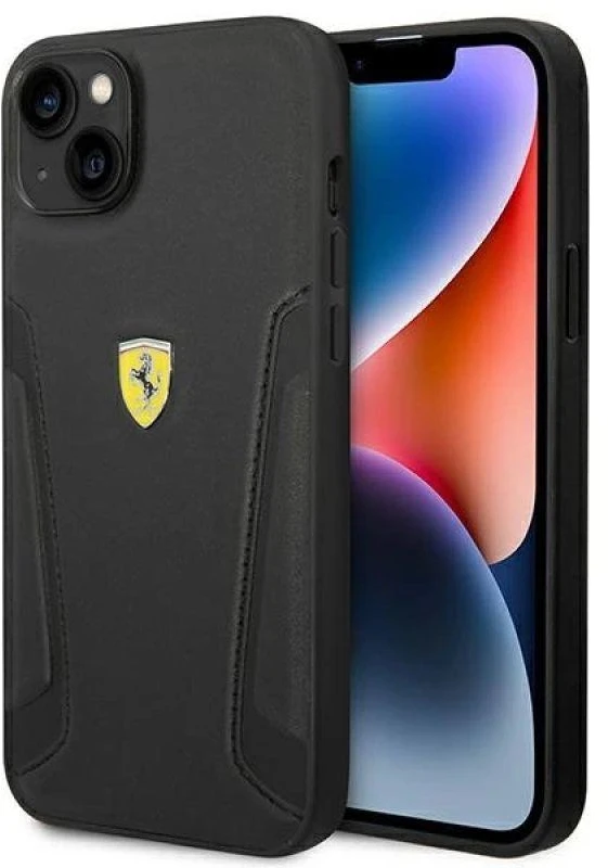 Ferrari FEHCP14MRBUK Apple iPhone 14 Plus / 15 Plus 6.7″ juodos spalvos kietas dėklas Leather Stamp Sides