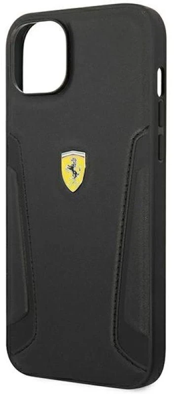 Ferrari FEHCP14MRBUK Apple iPhone 14 Plus / 15 Plus 6.7″ juodos spalvos kietas dėklas Leather Stamp Sides