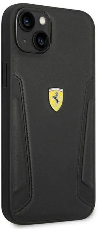 Ferrari FEHCP14MRBUK Apple iPhone 14 Plus / 15 Plus 6.7″ juodos spalvos kietas dėklas Leather Stamp Sides