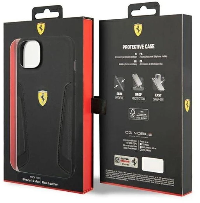 Ferrari FEHCP14MRBUK Apple iPhone 14 Plus / 15 Plus 6.7″ juodos spalvos kietas dėklas Leather Stamp Sides