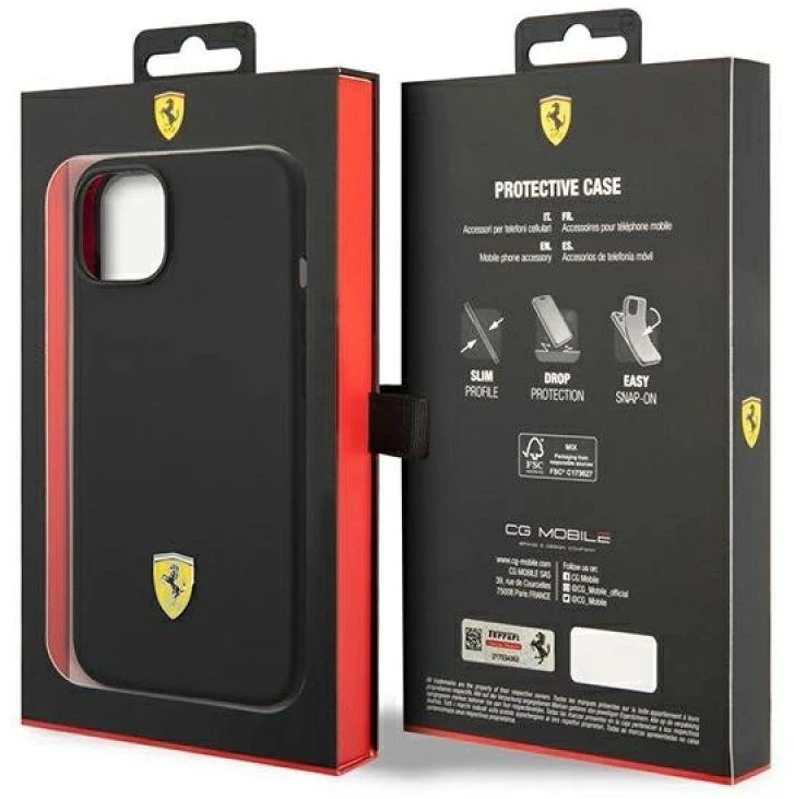 Ferrari FEHCP14SSIBBK Apple iPhone 14 / 15 /13 6.1″ juodos spalvos kietas dėklas Silicone Metal Logo