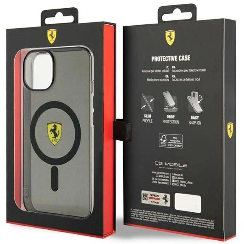 Ferrari FEHMP14SURKK Apple iPhone 14 / 15 / 13 6.1″ juodos spalvos kietas dėklas Translucent Magsafe