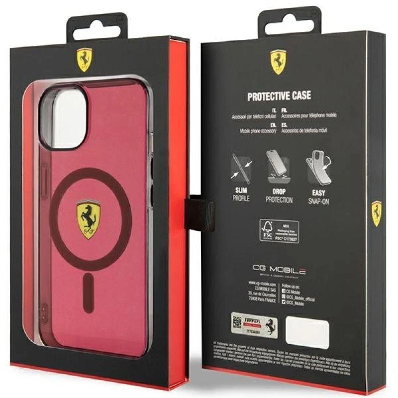 Ferrari FEHMP14SURKR Apple iPhone 14 / 15 / 13 6.1″ red kietas dėklas Translucent Magsafe