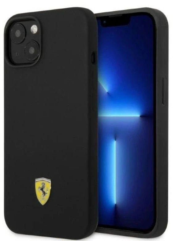 Ferrari FEHMSIP14MBK Apple iPhone 14 Plus / 15 Plus 6.7″ juodos spalvos kietas dėklas Silicone Metal Logo Magsafe