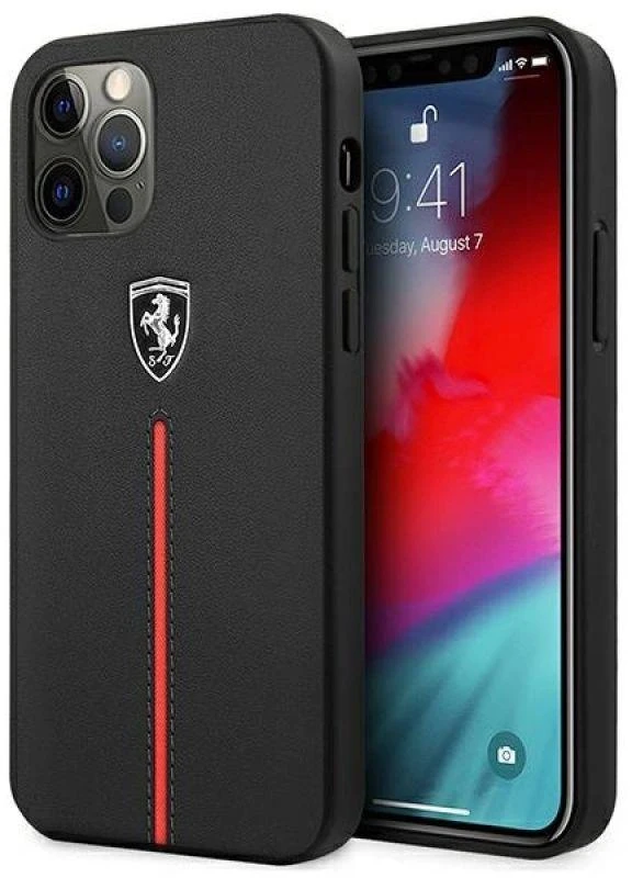 Ferrari FEOMSHCP12LBK Apple iPhone 12 Pro Max dėklas telefonui juodos spalvos Off Track Leather Nylon Stripe