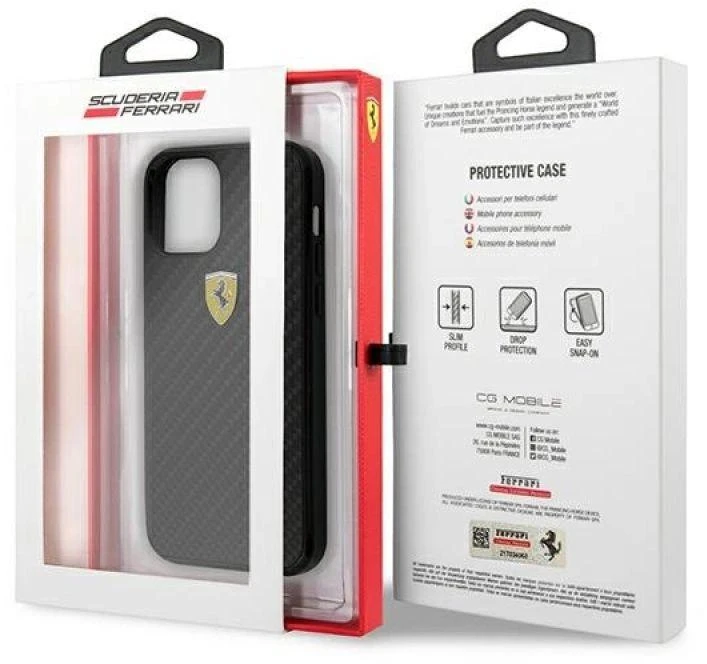 Ferrari FERCAHCP12SBK Apple iPhone 12 mini 5,4″ juodos spalvos kietas dėklas On Track Real Carbon