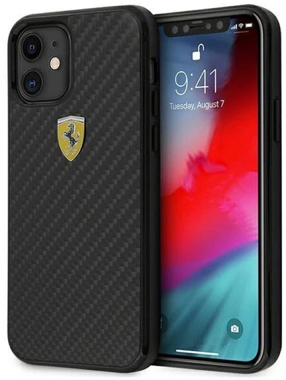 Ferrari FERCAHCP12SBK Apple iPhone 12 mini 5,4″ juodos spalvos kietas dėklas On Track Real Carbon