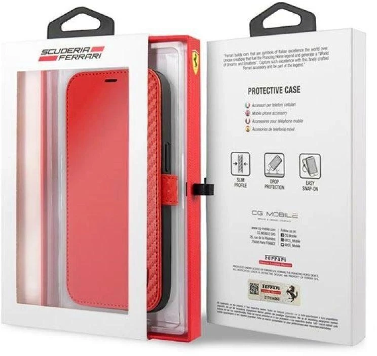 Dėklas Ferrari FESAXFLBKP13SRE Apple iPhone 13 mini 5,4″ raudonos spalvos book On Track Carbon Stripe