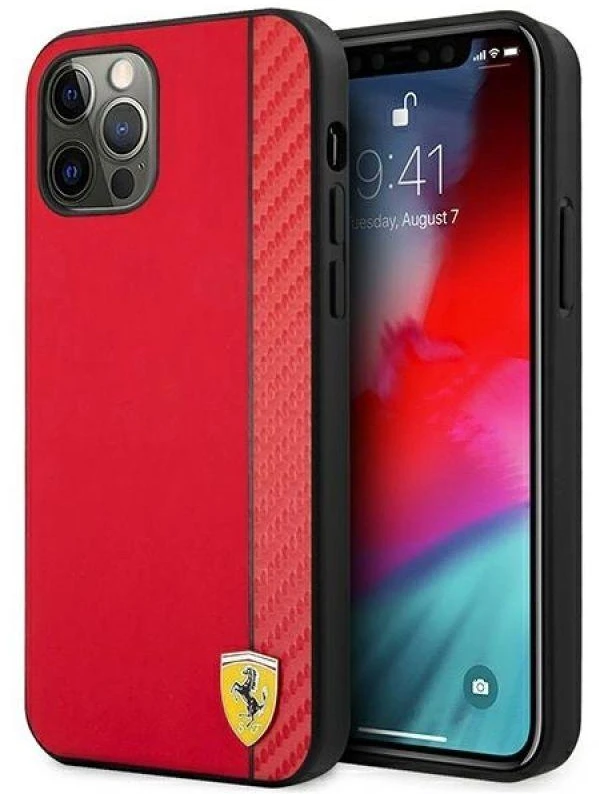 Ferrari FESAXHCP12LRE Apple iPhone 12 Pro Max 6,7″ red kietas dėklas On Track Carbon Stripe