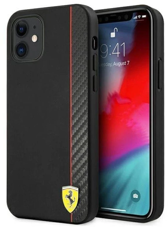 Ferrari FESAXHCP12SBK Apple iPhone 12 mini 5,4″ juodos spalvos kietas dėklas On Track Carbon Stripe