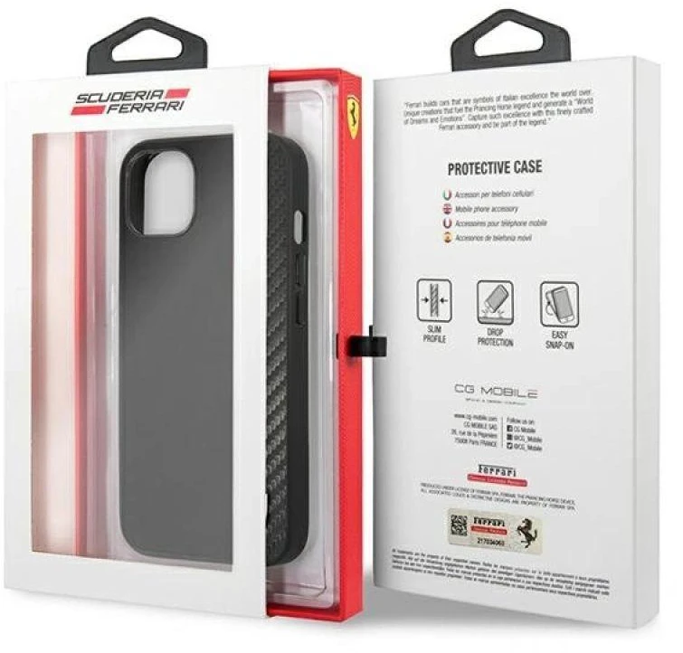 Ferrari FESAXHCP13SBK Apple iPhone 13 mini 5,4″ juodos spalvos kietas dėklas On Track Carbon Stripe