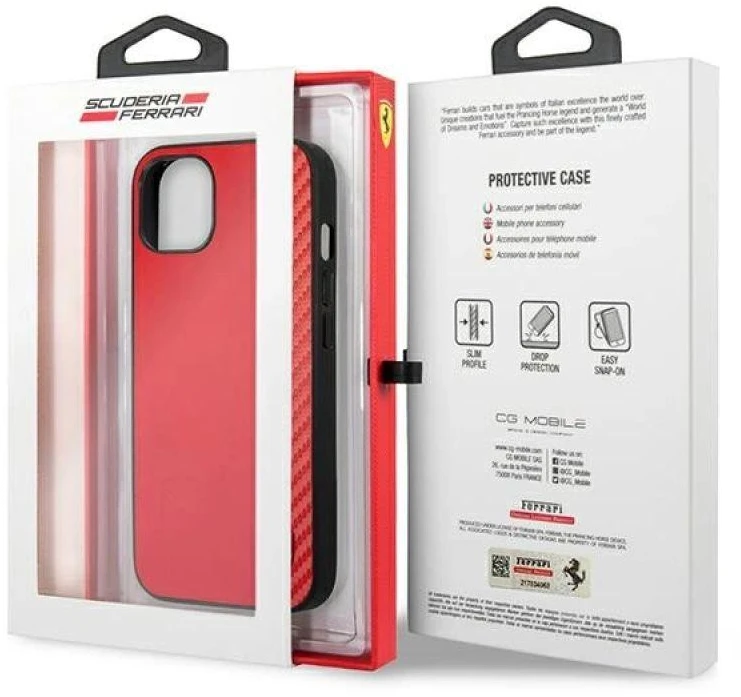 Ferrari FESAXHCP13SRE Apple iPhone 13 mini 5,4″ red kietas dėklas On Track Carbon Stripe