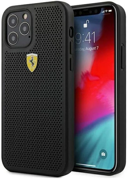 Ferrari FESPEHCP12LBK Apple iPhone 12 Pro Max 6,7″ juodos spalvos kietas dėklas On Track Perforated