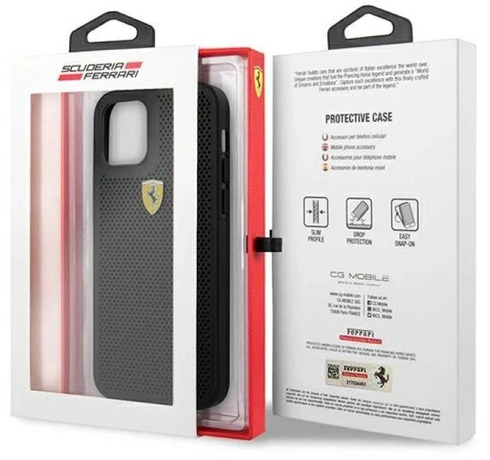 Ferrari FESPEHCP12MBK Apple iPhone 12/12 Pro 6,1″ juodos spalvos kietas dėklas On Track Perforated