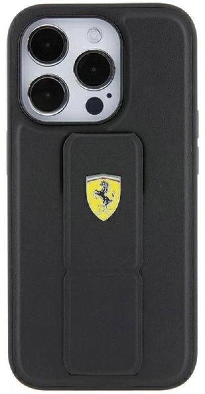 Ferrari FEHCP15XGSPSIK Apple iPhone 15 Pro Max 6.7″ juodos spalvos kietas dėklas Grip Stand Metal Logo