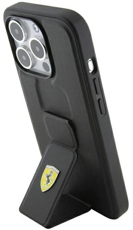 Ferrari FEHCP15XGSPSIK Apple iPhone 15 Pro Max 6.7″ juodos spalvos kietas dėklas Grip Stand Metal Logo