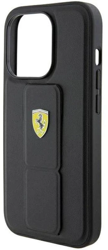 Ferrari FEHCP15XGSPSIK Apple iPhone 15 Pro Max 6.7″ juodos spalvos kietas dėklas Grip Stand Metal Logo