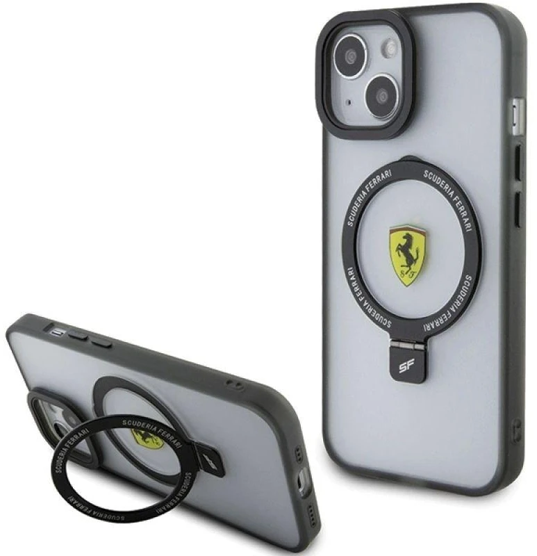Ferrari FEHMP15MUSCAK Apple iPhone 15 Plus /14 Plus 6.7″ juodos spalvos kietas dėklas Ring Stand 2023 Collection