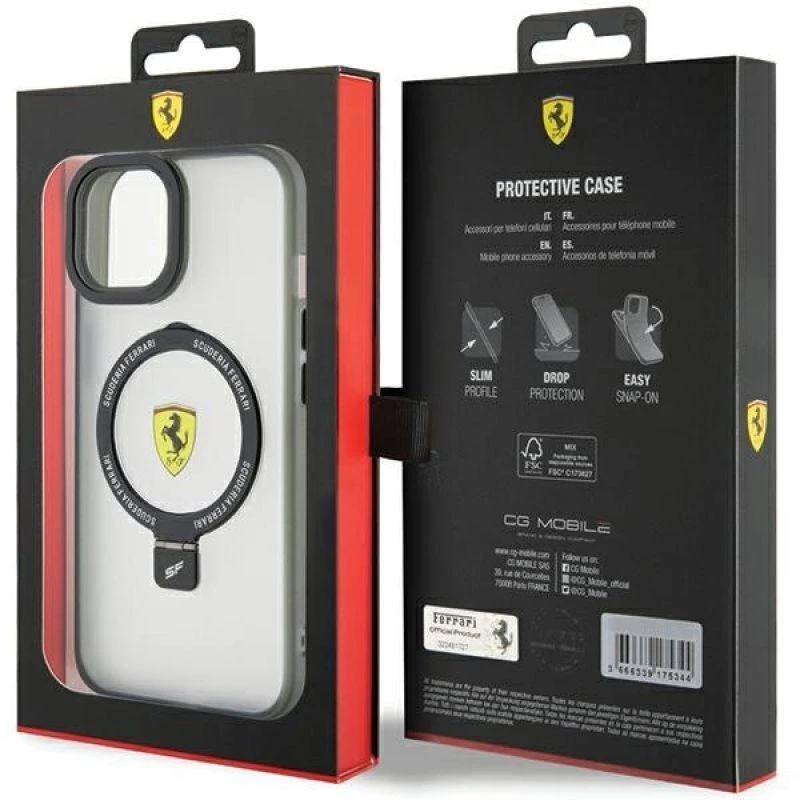 Ferrari FEHMP15MUSCAK Apple iPhone 15 Plus /14 Plus 6.7″ juodos spalvos kietas dėklas Ring Stand 2023 Collection