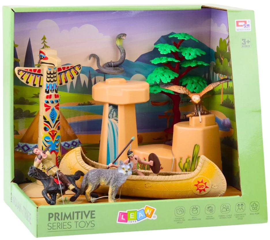 Lean Toys Indėnų figūrėlių rinkinys su kanoja ir totemu