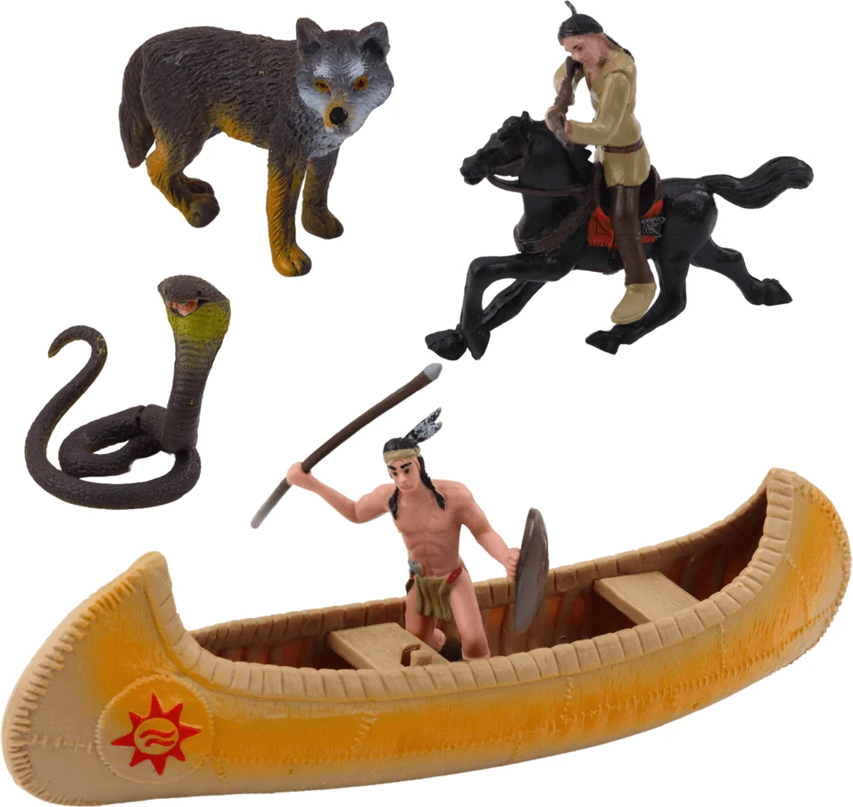 Lean Toys Indėnų figūrėlių rinkinys su kanoja ir totemu
