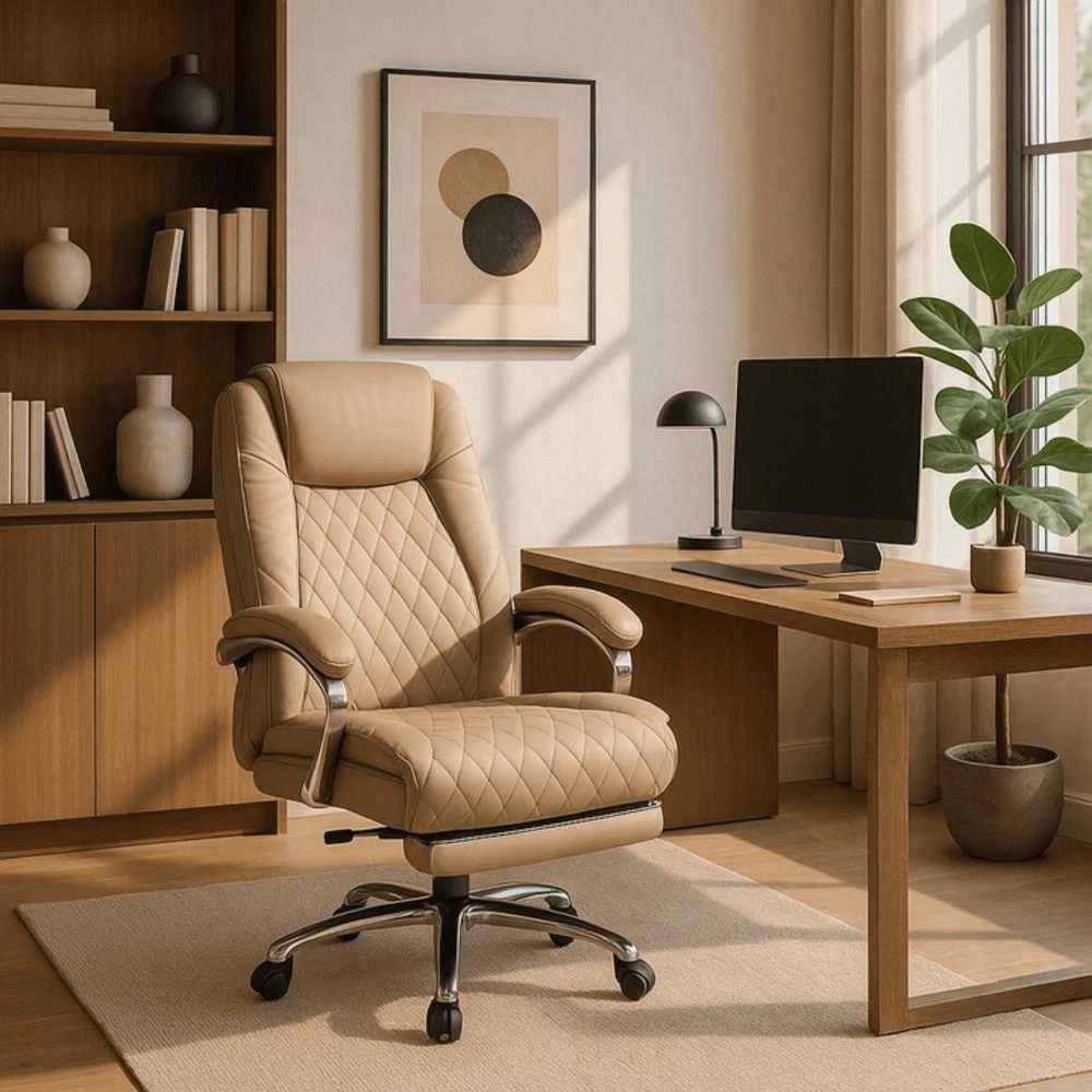 Comfort pasukama masažinė biuro kėdė su šildymo funkcija, smėlio spalvos, eko oda, moderni