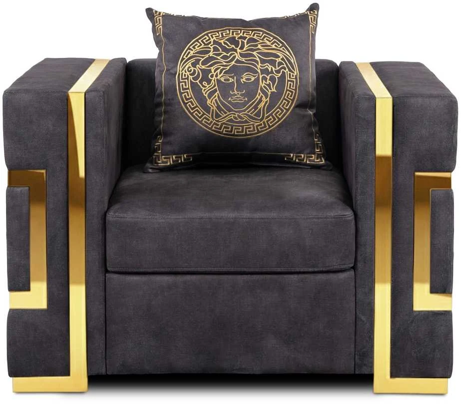 Sofa Palazas PALLO poilsio fotelis, juoda/auksinė, aksominė, modernus žavesys