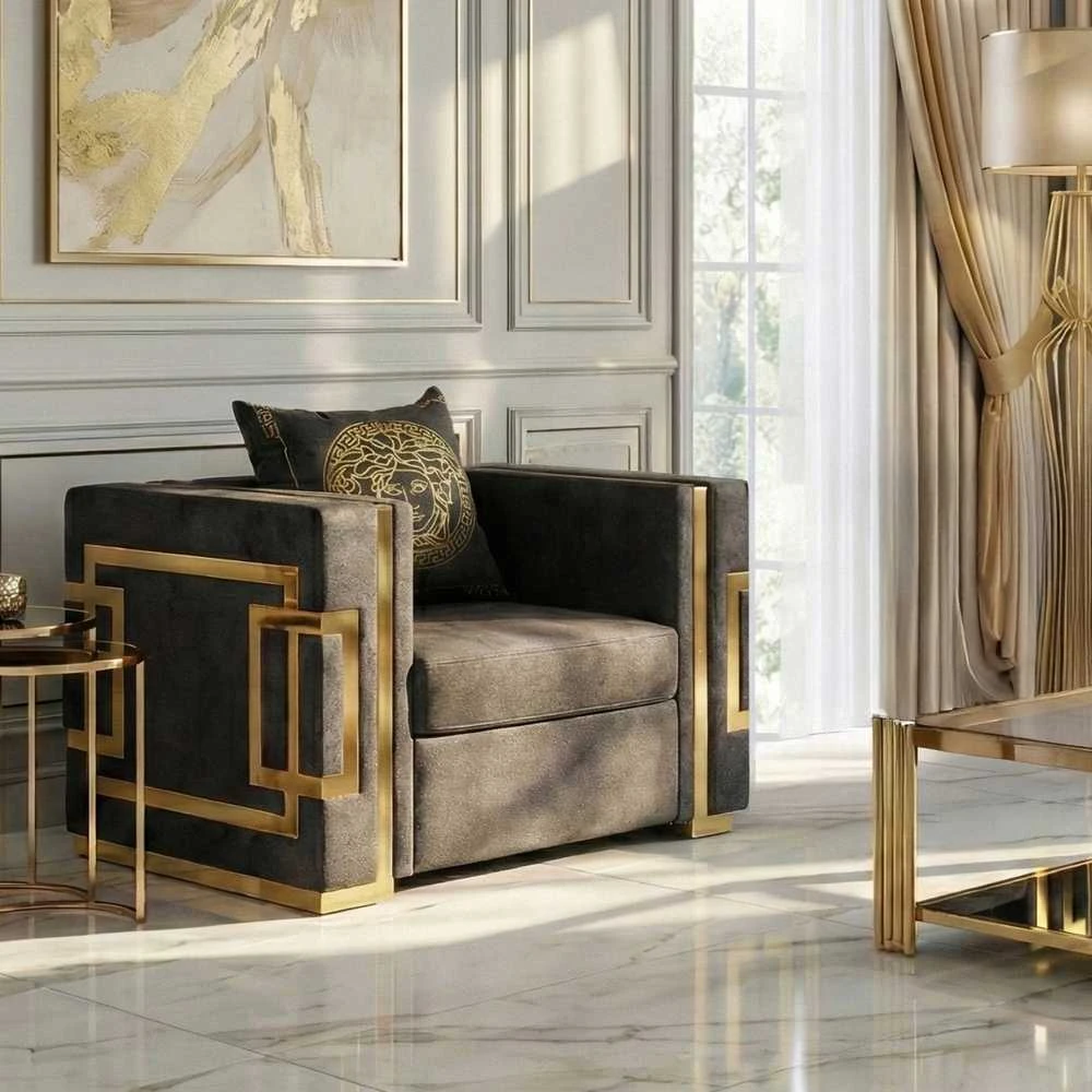 Sofa Palazas PALLO poilsio fotelis, juoda/auksinė, aksominė, modernus žavesys