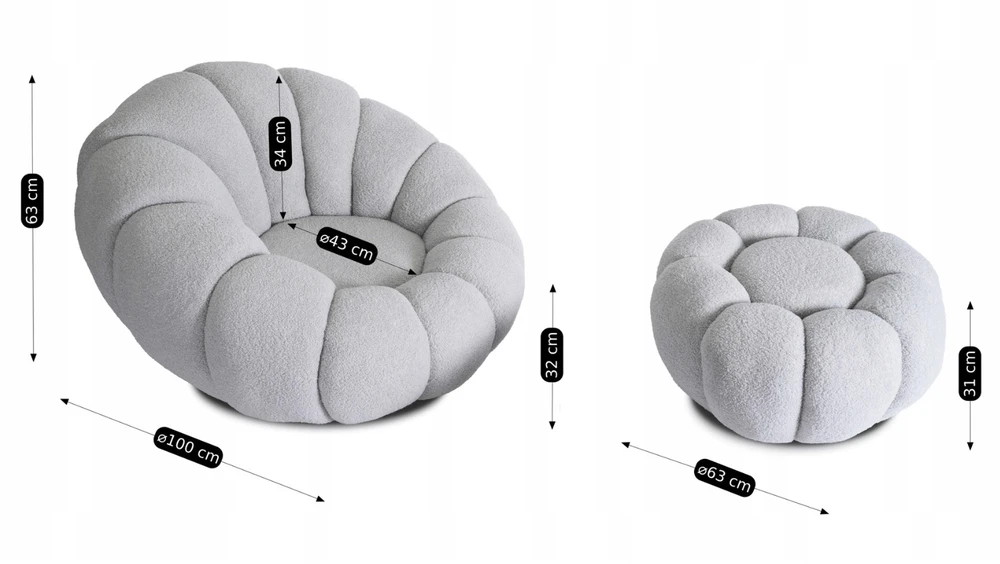Fotelis Pettit PETTIT pilkas besisukantis poilsio krėslas su pufu iš „Teddy Boucle“ audinio