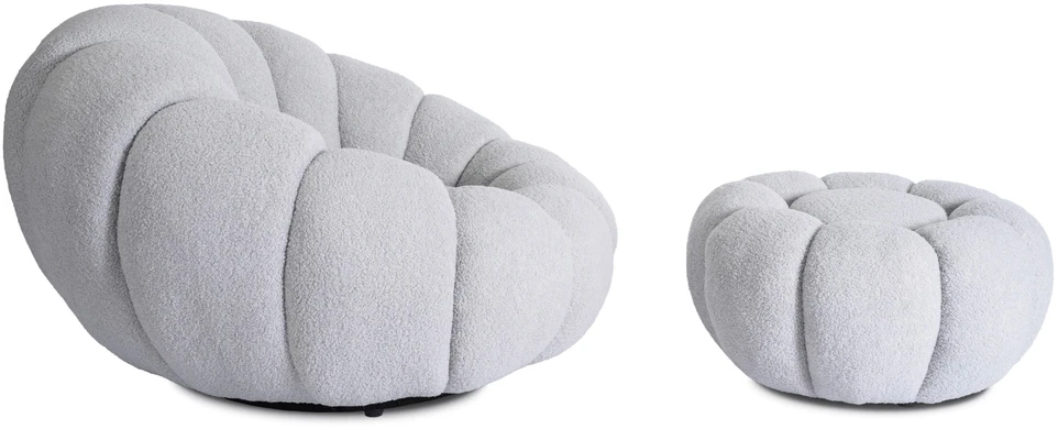 Fotelis Pettit PETTIT pilkas besisukantis poilsio krėslas su pufu iš „Teddy Boucle“ audinio