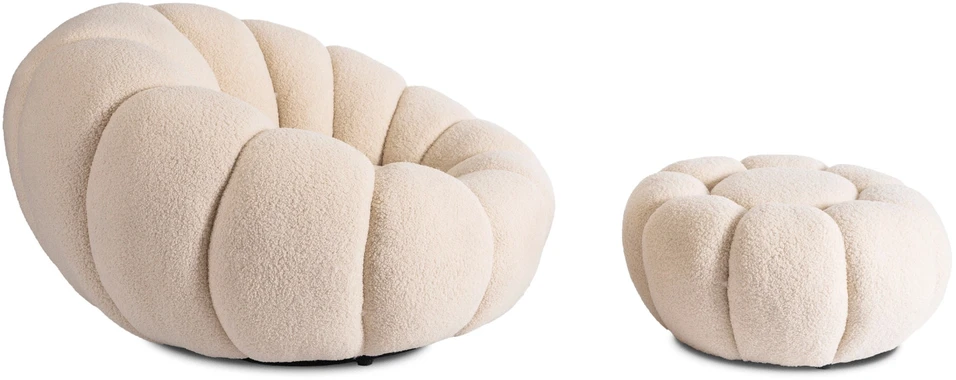 Fotelis PETTIT smėlio spalvos pasukamas poilsio krėslas su pufu iš „Teddy Boucle“ audinio